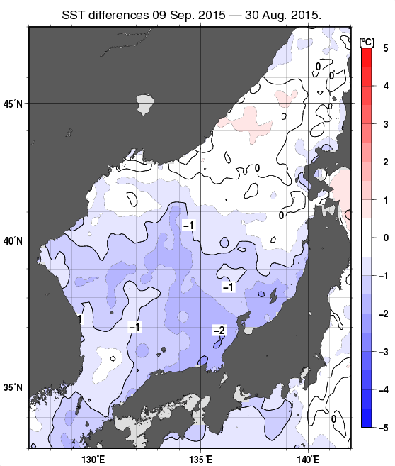 日本海の10日間の海面水温変化量分布図（9月9日）