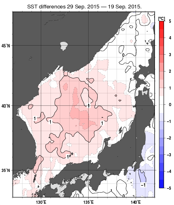 日本海の10日間の海面水温変化量分布図（9月29日）