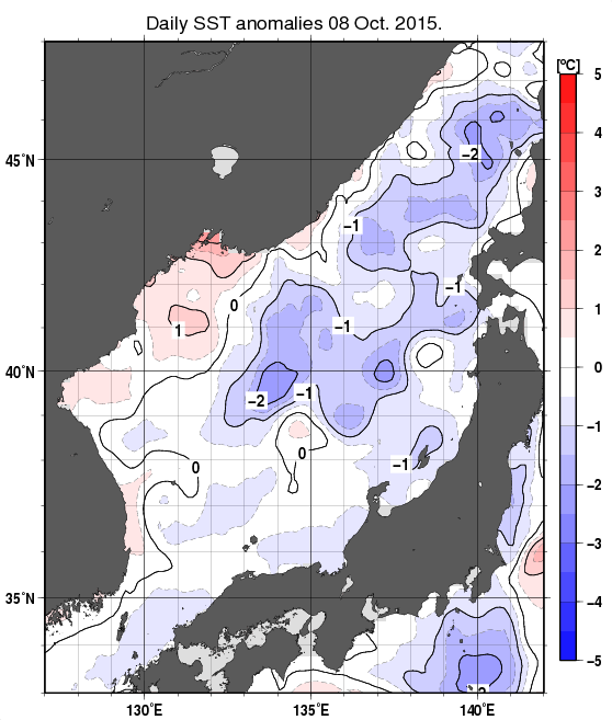 日本海の海面水温平年差分布図（10月8日）