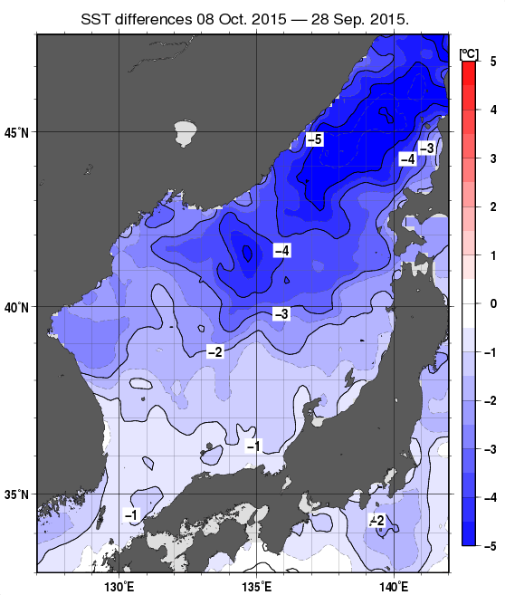 日本海の10日間の海面水温変化量分布図（10月8日）