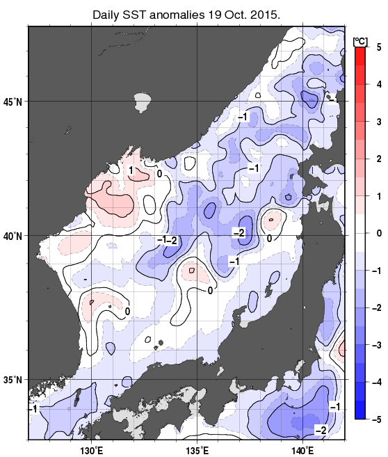 日本海の海面水温平年差分布図（10月19日）