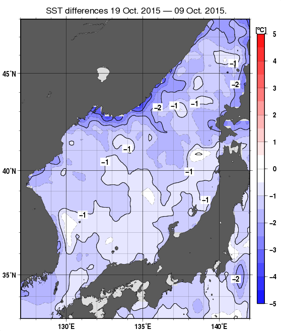 日本海の10日間の海面水温変化量分布図（10月19日）