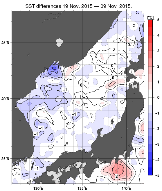日本海の10日間の海面水温変化量分布図（11月19日）
