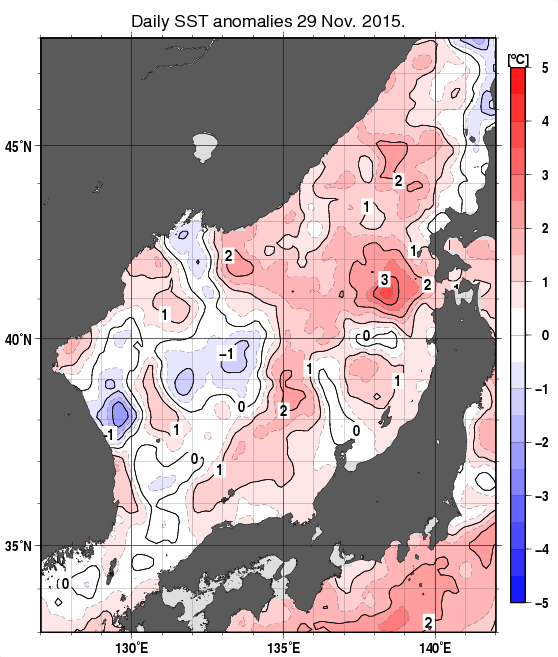 日本海の海面水温平年差分布図（11月29日）