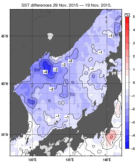 日本海の10日間の海面水温変化量分布図（11月29日）