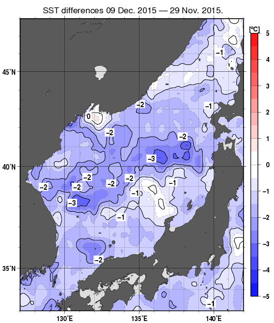 日本海の10日間の海面水温変化量分布図（12月9日）