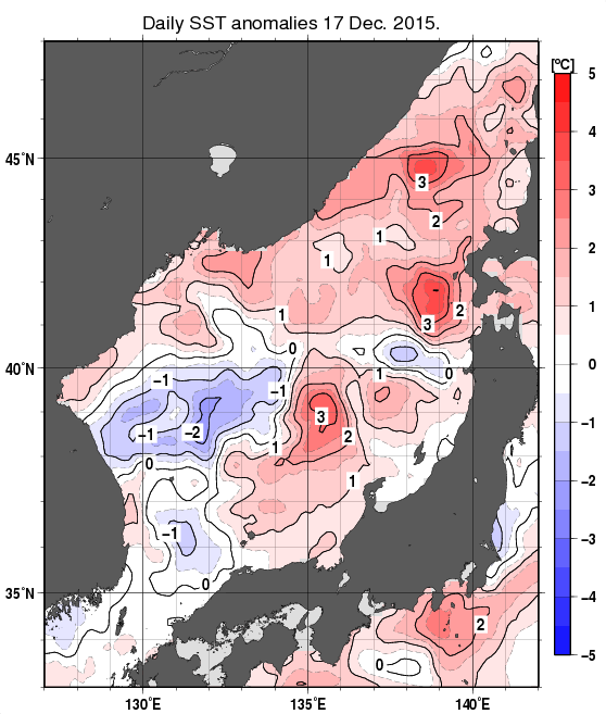 日本海の海面水温平年差分布図（12月17日）