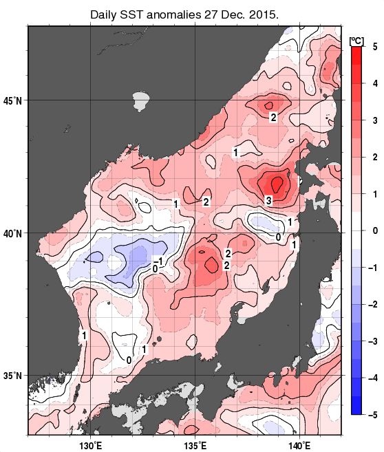 日本海の海面水温平年差分布図（12月27日）