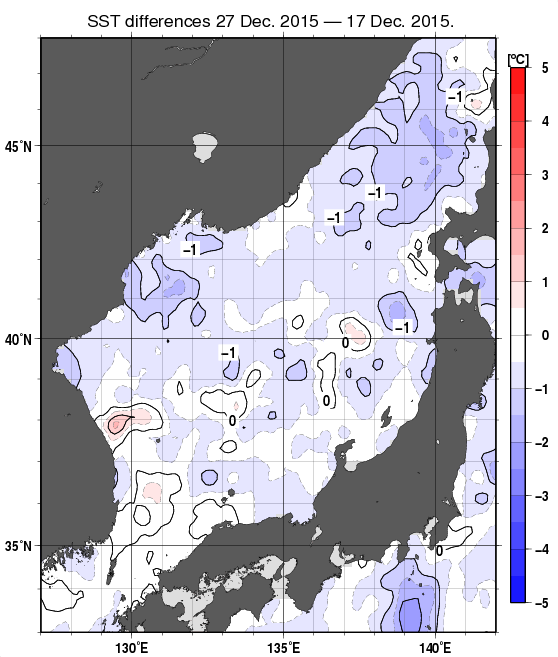 日本海の10日間の海面水温変化量分布図（12月27日）
