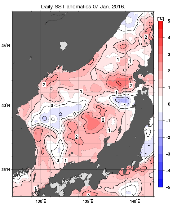 日本海の海面水温平年差分布図（1月7日）