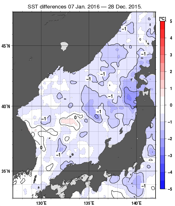 日本海の10日間の海面水温変化量分布図（1月7日）
