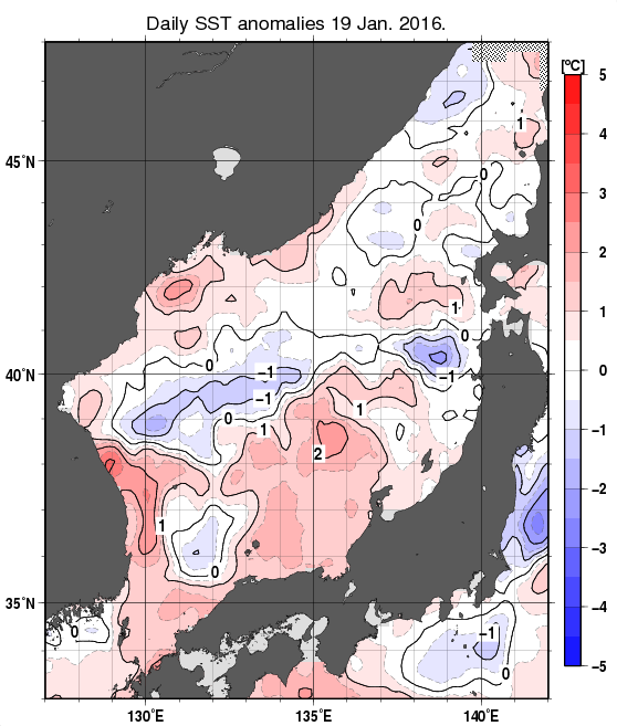 日本海の海面水温平年差分布図（1月19日）