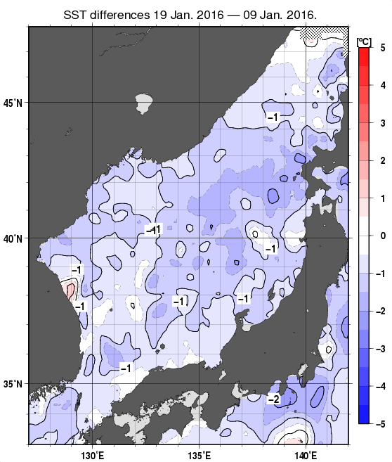 日本海の10日間の海面水温変化量分布図（1月19日）