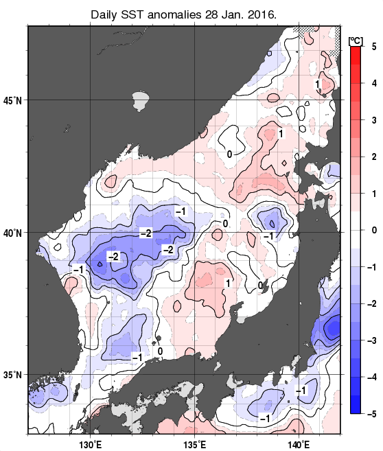 日本海の海面水温平年差分布図（1月28日）