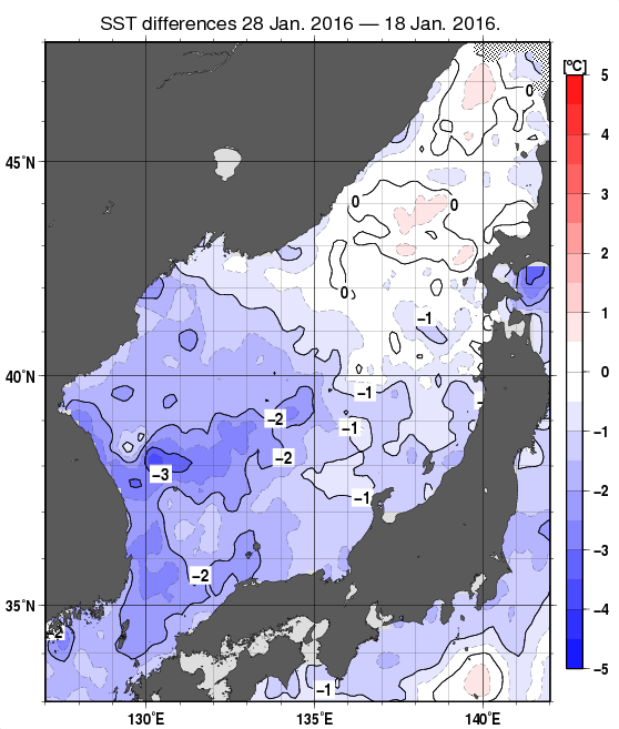 日本海の10日間の海面水温変化量分布図（1月28日）