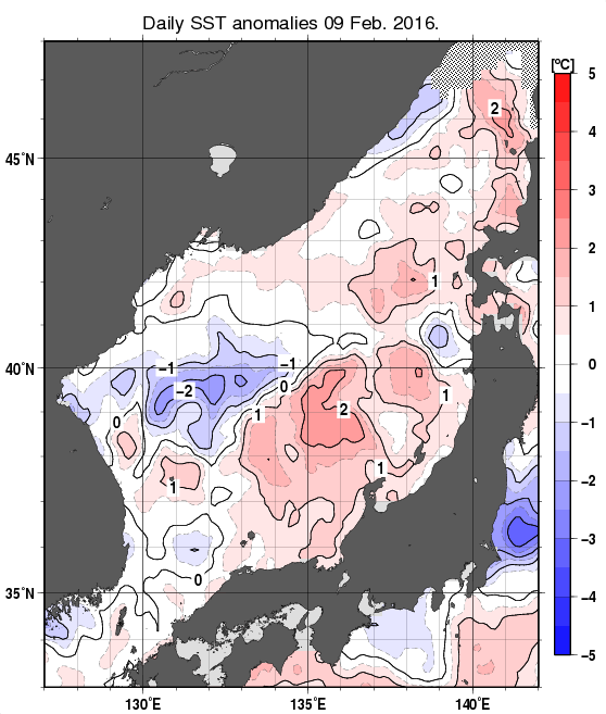 日本海の海面水温平年差分布図（2月9日）