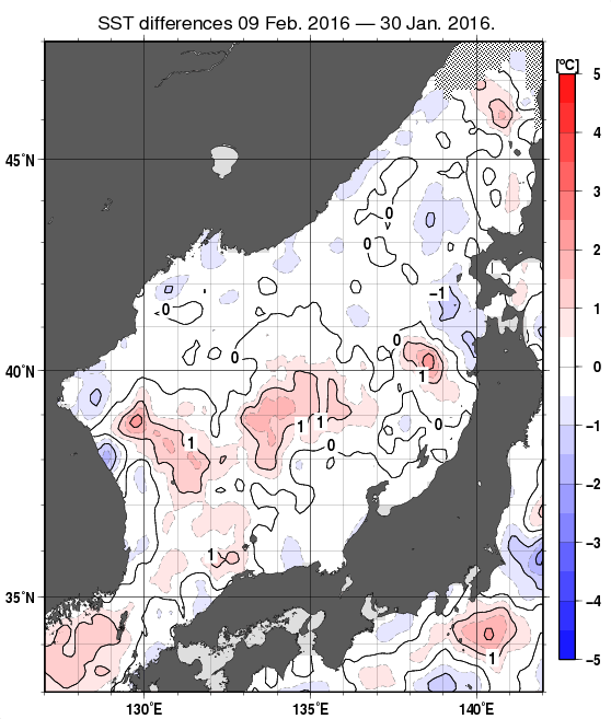 日本海の10日間の海面水温変化量分布図（2月9日）