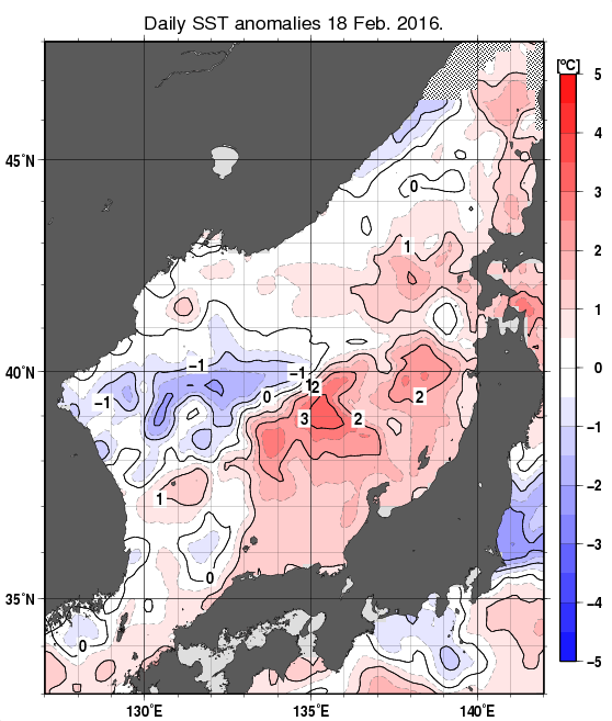 日本海の海面水温平年差分布図（2月18日）