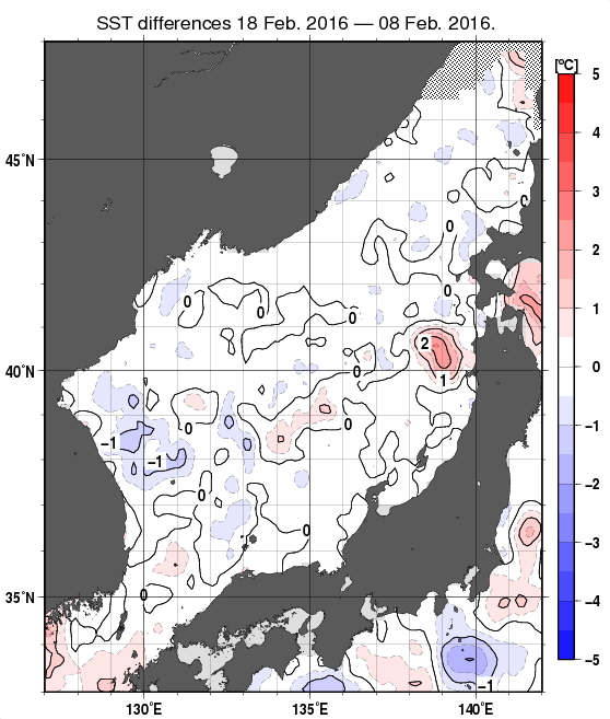 日本海の10日間の海面水温変化量分布図（2月18日）