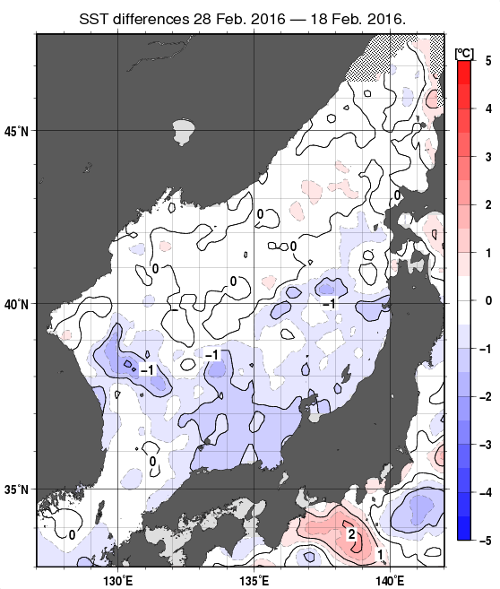 日本海の10日間の海面水温変化量分布図（2月28日）