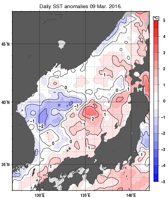 日本海の海面水温平年差分布図（3月9日）
