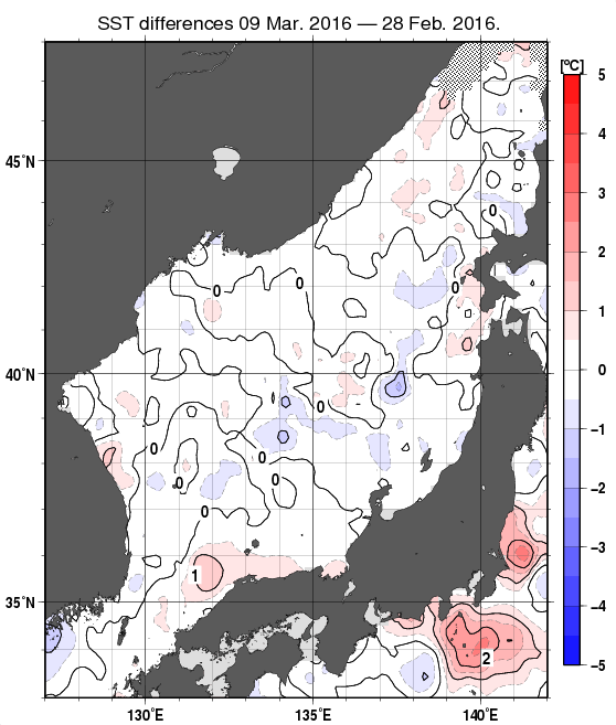日本海の10日間の海面水温変化量分布図（3月9日）