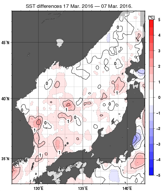 日本海の10日間の海面水温変化量分布図（3月17日）