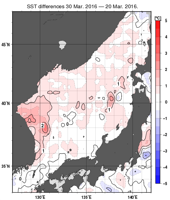 日本海の10日間の海面水温変化量分布図（3月30日）