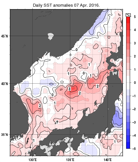 日本海の海面水温平年差分布図（4月7日）