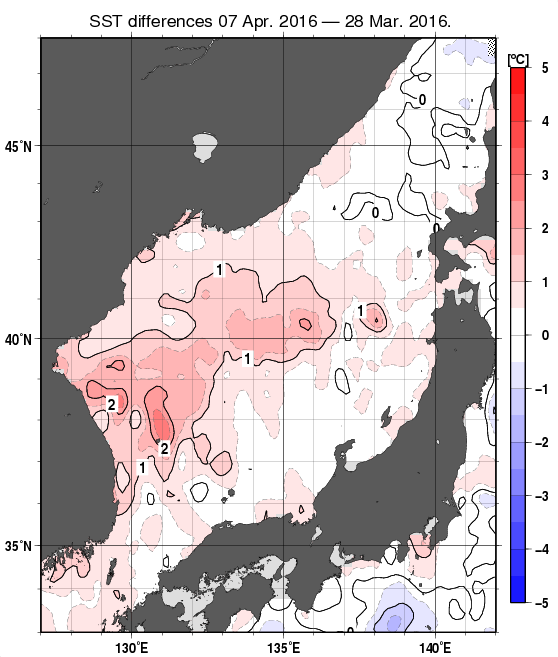 日本海の10日間の海面水温変化量分布図（4月7日）