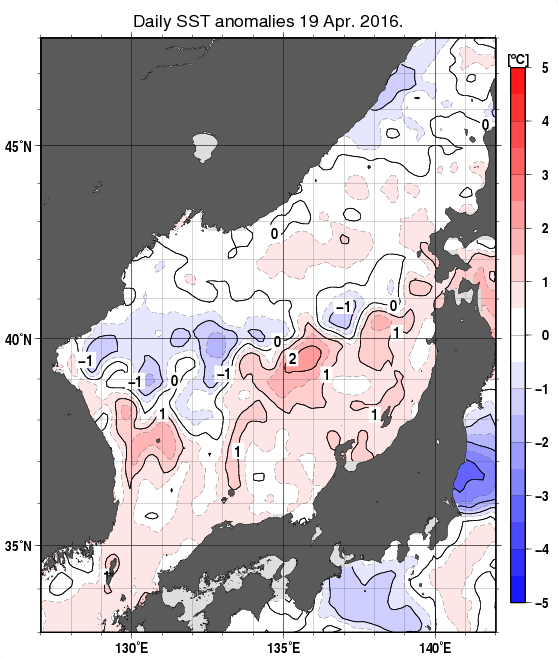 日本海の海面水温平年差分布図（4月19日）