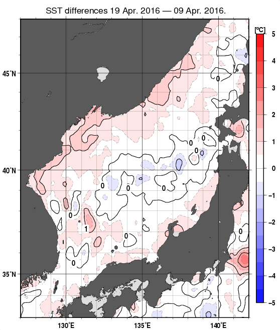 日本海の10日間の海面水温変化量分布図（4月19日）
