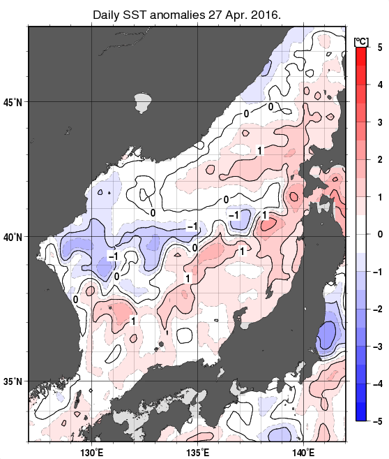 日本海の海面水温平年差分布図（4月27日）