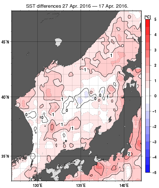 日本海の10日間の海面水温変化量分布図（4月27日）
