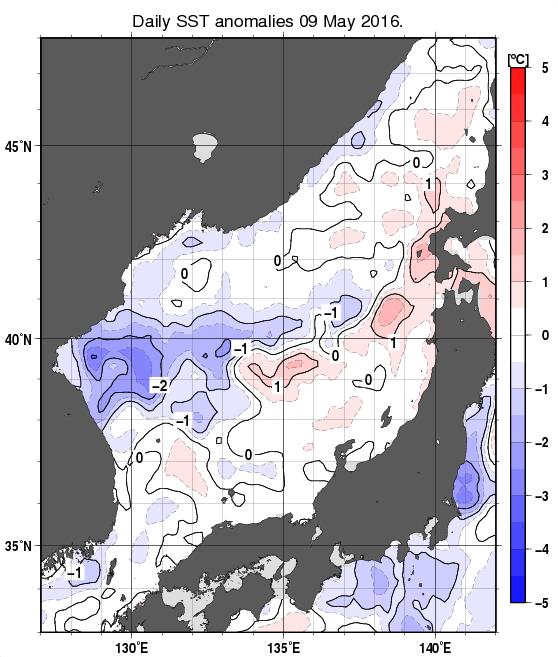 日本海の海面水温平年差分布図（5月9日）