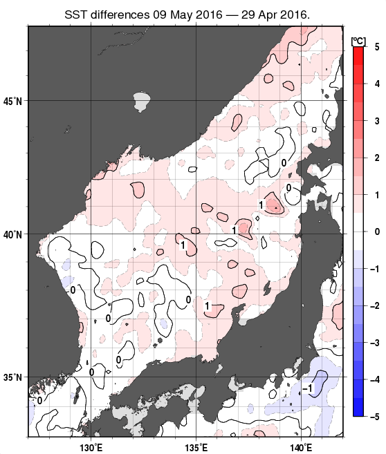 日本海の10日間の海面水温変化量分布図（5月9日）