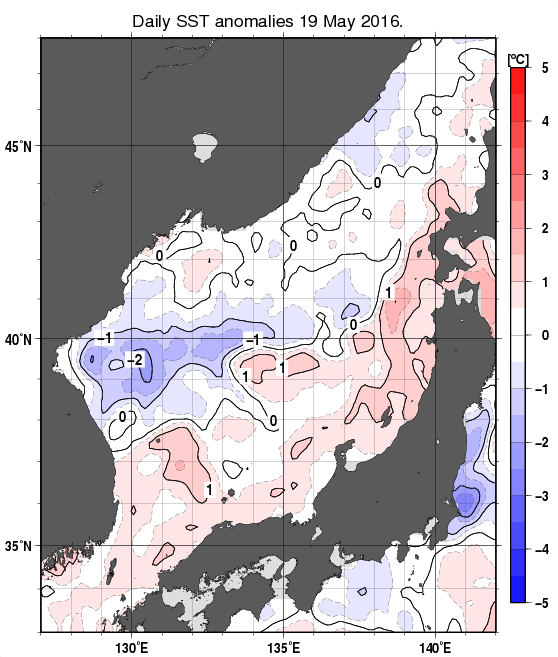 日本海の海面水温平年差分布図（5月19日）