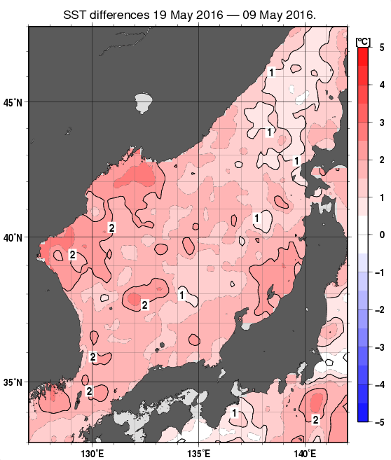 日本海の10日間の海面水温変化量分布図（5月19日）