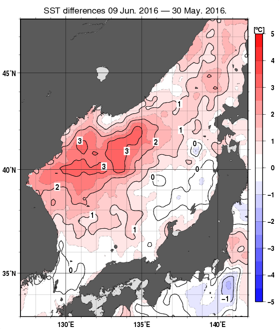 日本海の10日間の海面水温変化量分布図（6月9日）