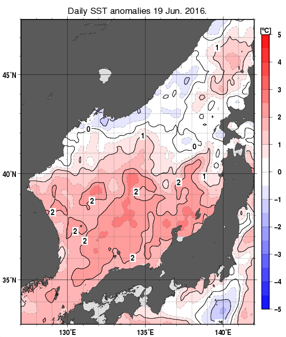 日本海の海面水温平年差分布図（6月19日）