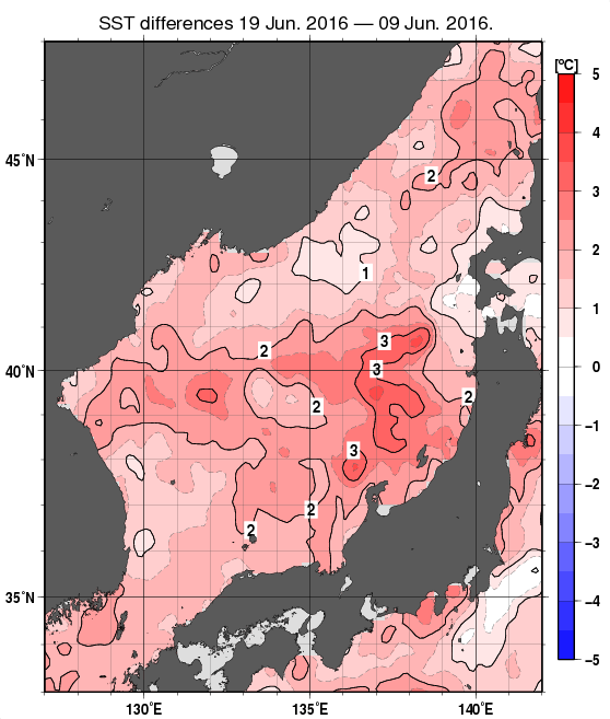 日本海の10日間の海面水温変化量分布図（6月19日）