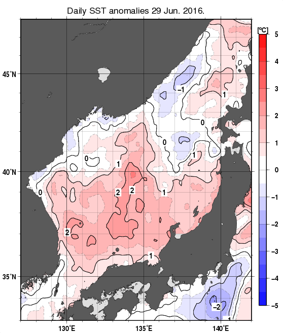 日本海の海面水温平年差分布図（6月29日）