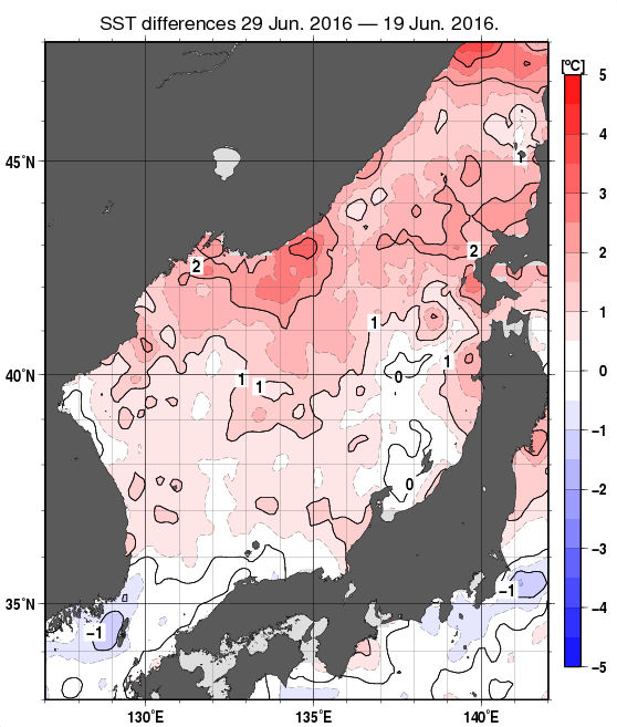 日本海の10日間の海面水温変化量分布図（6月29日）