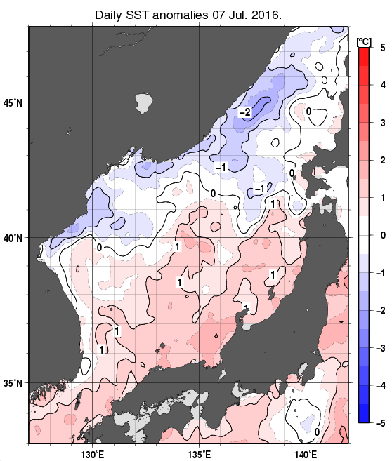 日本海の海面水温平年差分布図（7月7日）