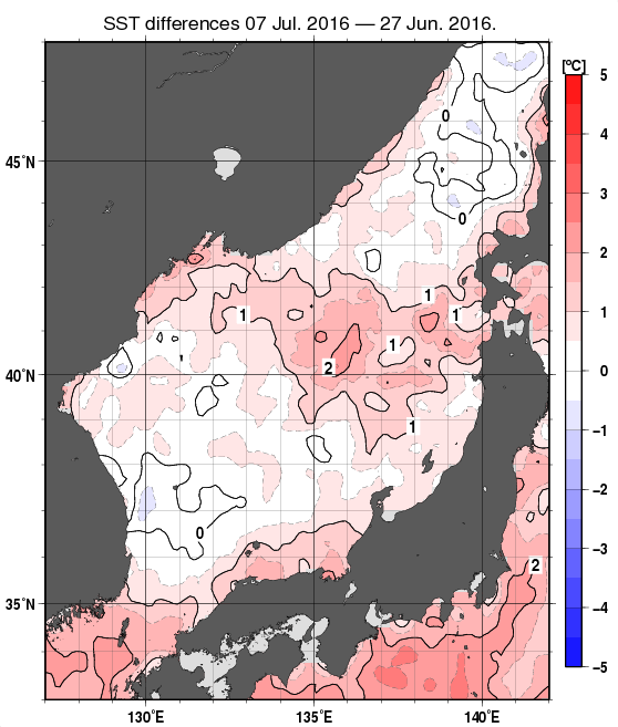 日本海の10日間の海面水温変化量分布図（7月7日）