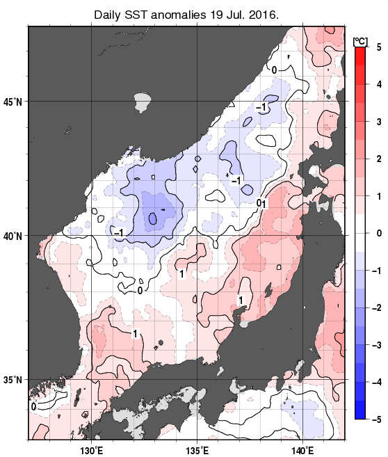 日本海の海面水温平年差分布図（7月19日）