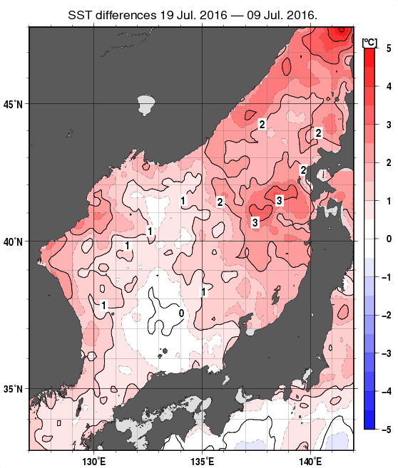 日本海の10日間の海面水温変化量分布図（7月19日）