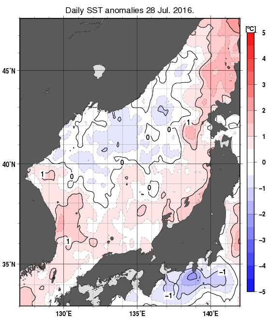 日本海の海面水温平年差分布図（7月28日）