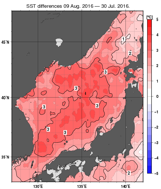 日本海の10日間の海面水温変化量分布図（8月9日）