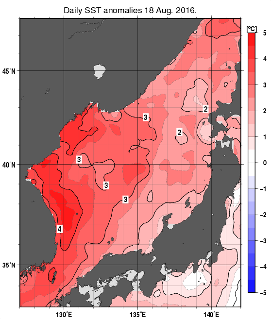 日本海の海面水温平年差分布図（8月18日）